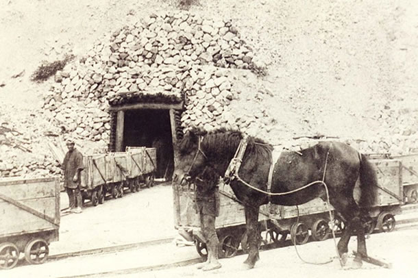 鉱石運搬用の索引馬と木製鉱車