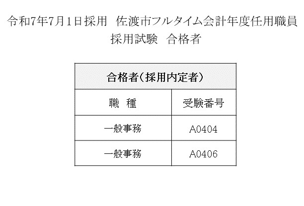 令和7年7月1日採用　フルタイム会計年度任用職員　合格者