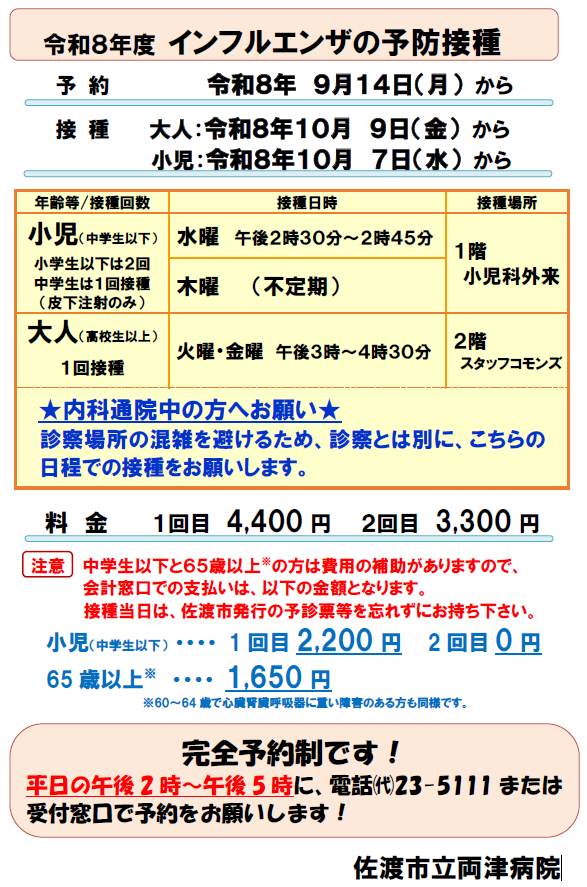 インフルエンザ予防接種日程